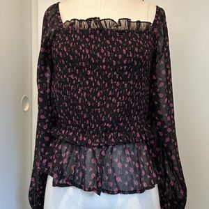 Jai Ami! Black & Pink Pleated Sheer Top w Ruffles & Silver Metallic Threading